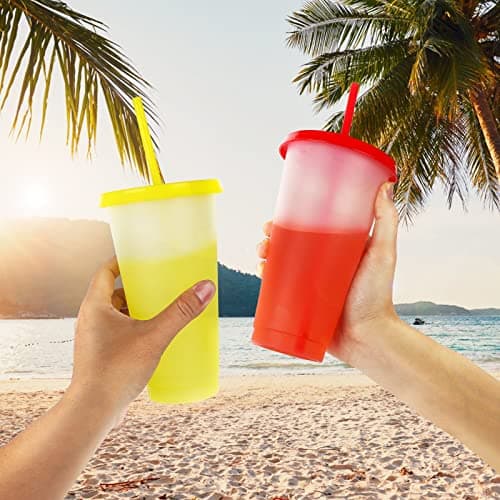 Echify Cold Cups with Lids & Straws - 5 Pack Bright Color Changing Cups 24oz Bulk Magic Tumbler Iced Coffee Cup Travel Mug - Reusable Plastic Cups Smoothie Milkshake Cup for Kids Adults — view 4