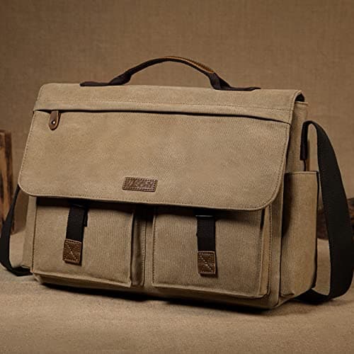 VASCHY Messenger Bag Mens, Vintage Water Resistant Waxed Canvas 15.6 inch Laptop Shoulder Bag Briefcase Satchel with Padded Shoulder Strap and Luggage Sleeve(Khaki) — view 3