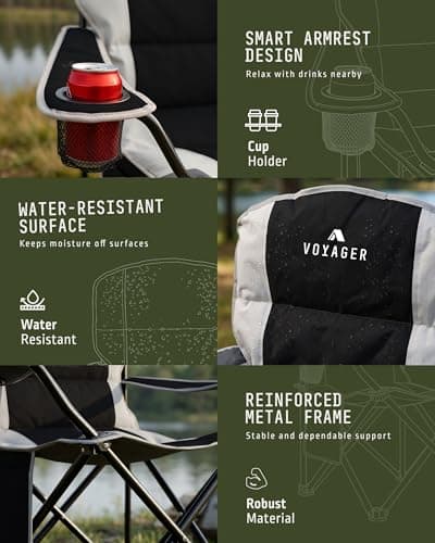 Voyager Folding Camping Chairs 2 Pack with Cooler Bag, Lightweight Q195 Steel Frame, 600D Oxford Fabric, Portable & Comfortable - Black (Black, Padded) — view 6