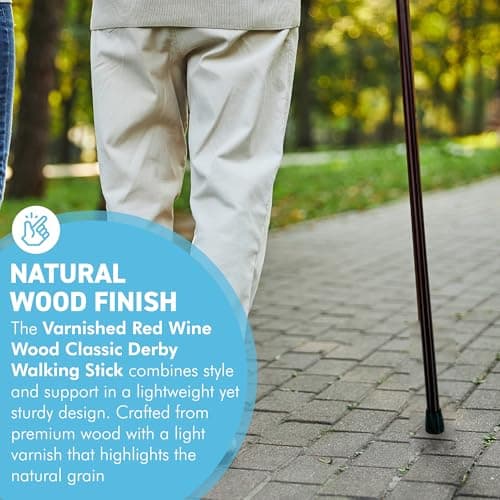 Varnished Red Wine Wood Classic Derby Walking Stick, solid, lightweight wooden stick with rubber ferrule for stability and comfort — view 2