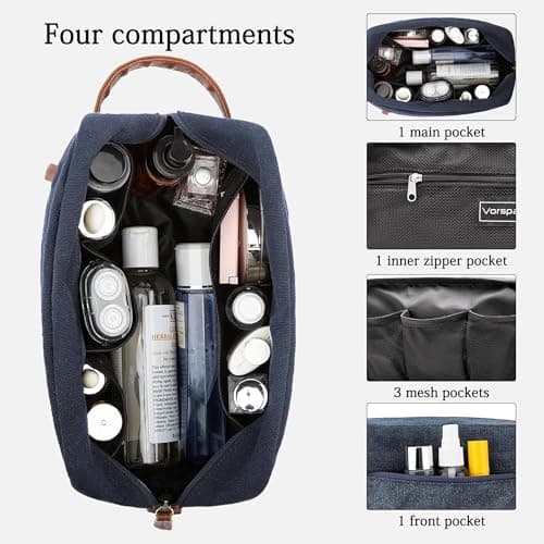 Wash Bag for Men, Water Resistant Travel Toiletry Bag with 6 Pocket, Wide-Open Zipper Cosmetic Makeup Organizer Bag, Canvas Toiletry Bag with Handle for Men Gym Swinming Travel — view 3
