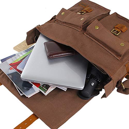 autumndeer Laptop Bag 14.5 inch Mens Vintage Casual Canvas Messenger Bag Men's Military Leather Canvas Travel Briefcase Crossbody Satchel Shoulder School Bag for Notebook Laptop — view 5