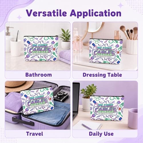 Charger Bag for Travel, Waterproof Linen Cable Bag with Data Cable Patterns, Makeup Bag with Zipper for Makeup, Electronic Accessories, Cosmetic Bags for Women, Men, Makeup Pouch for Home Travel — view 6