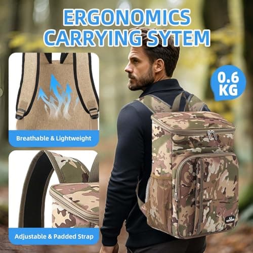 Bagtopia Camping Cooler Backpack 25 Cans, Leak Proof Soft Insulated Compartments Thermal Bag, Portable Lightweight Beach Travel Trip Picnic Lunch Backpack for Men and Women, Camouflage — view 4