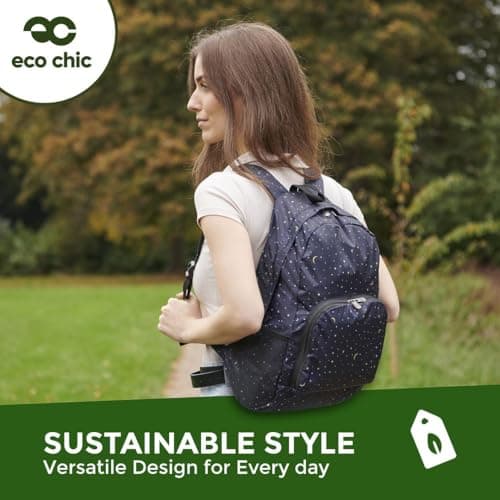 ECO CHIC Lightweight Foldable Water Resistant Backpack Rucksack Folds into Pouch for Storage (Floral Navy) — view 4