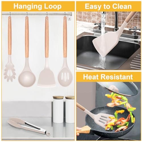 12 PCS Kitchen Utensil Set, Silicone Cooking Utensils with Holder, Natural Wooden Handle Cookware Tongs Spatula Spoon Set, Non Stick & Heat Resistant, Dishwasher Safe (Khaki) — view 6
