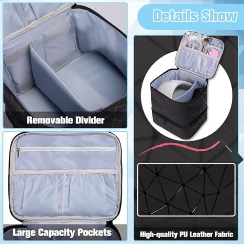 BYLife Black Large Makeup Bag, Nail Polish Organiser - Holds 30 Bottles Double-Layer Travel Storage Bags Waterproof PU Cosmetic Bag with Adjustable Dividers for Manicure Tools Storage — view 4