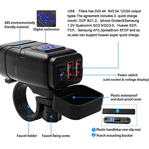 Kriogor Motorcycle Car Charger, QC 3.0 USB Socket and 6-30V LED Voltmeter, IP65 Waterproof Motorbike USB Adapter with On-Off Switch for 12V Boat Marine SUV (Blue) — view 2