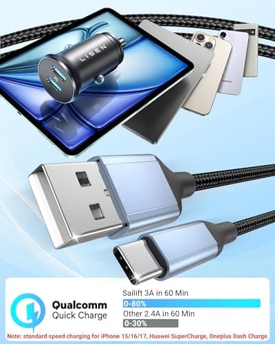 Short USB to USB C Fast Charger Cable (20cm 2PCS), USB2.0 Short USBA to USBC Charging Cable, Nylon 0.2m Small USBC Lead for iPhone 17 16 15, Samsung Galaxy S24 S23 Huawei, Pixel, Xiaomi — view 2