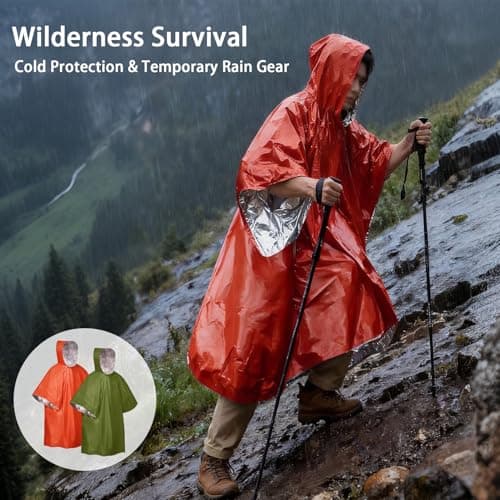 BaBahuanhuan Emergency Survival Poncho (4pc) Thermal Mylar Foil Coating Blanket for Heat Retention and Rain | Reversible with Hood | Waterproof, Windproof, Portable, Hands-free (Orange, Green) — view 6
