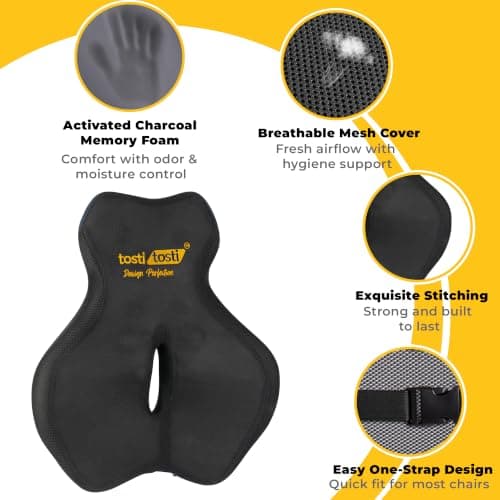 TostiTosti Patented Lumbar Support Cushion for Office Chair & Car | Odour-Resistant Activated Charcoal Memory Foam Back Pillow with Adjustable Strap, Non-Slip Base, Removable Cover & Carry Bag — view 5