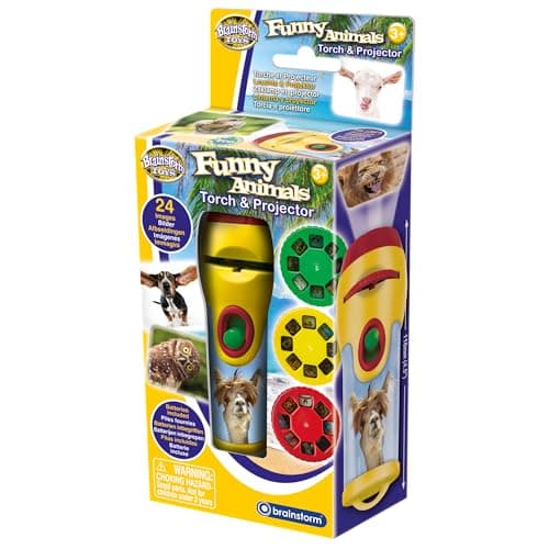Brainstorm TOYS Stem Funny Animals Torch and Projector – 24 Adorable Animal Images, Projects Clear Pictures up to 1 Metre Wide, Interactive Educational Kids Flashlight Toy
