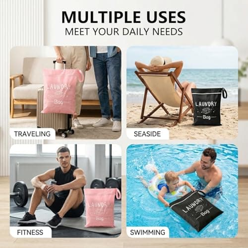 Hounyou 4Pcs Travel Waterproof Laundry Bag, Travel Laundry Bags for Dirty Clothes, Lightweight Small, with Handle & Zipper, for Swimming Home Holiday Camping (Pink, Black) — view 6