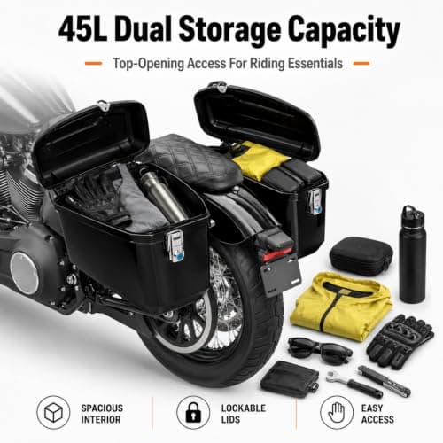 MENDUNER 45L Motorcycle Side Case with Mounting Kit, Lockable ABS Hard Saddlebags, Universal Motorcycle Panniers Side Bags for Cruiser Touring Luggage Storage, Glossy Black — view 5