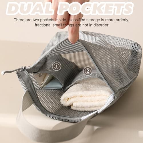 KASESSS Mesh Shower Caddy Bag, Toiletry Bag, Bathroom Organiser, 3 Pockets Quick Dry Travel Toiletry Bags, Portable Mesh Shower Bags for College Dorms, Gym, Beach, Camping, Swimming, Yoga and Travel — view 4