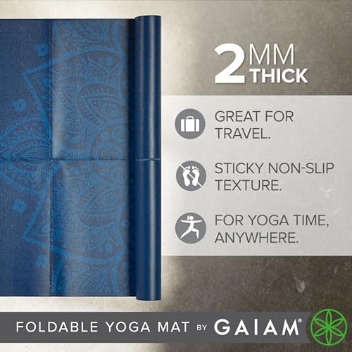 Gaiam Yoga Mat Folding Travel Fitness & Exercise Mat | Foldable Yoga Mat for All Types of Yoga, Pilates & Floor Workouts, Blue Sundial, 2mm — view 3