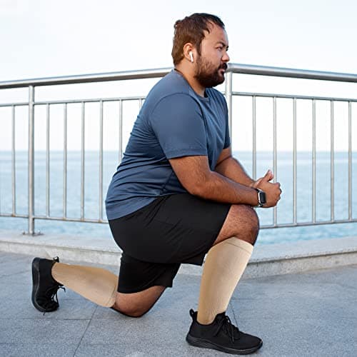Plus Size Compression Sock For Women: Men Graduated Wide Calf Compression Stockings for Support Flight Travel Running Pregnancy Sports Edema Nurses Seniors Athletic Socks 20-30 mmHg Beige 5XL 1Pairs — view 5
