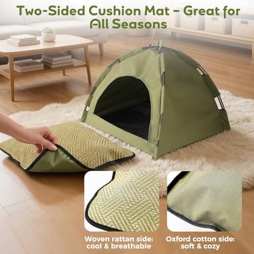 Auveach Cat Tent Cave, Pop up Foldable Pet Tent with Removable Double-sided Bed Mat for Cats & Puppies, Breathable Mesh Hole, Indoor Outdoor Travel, Green, 42 * 42 * 40cm — view 3