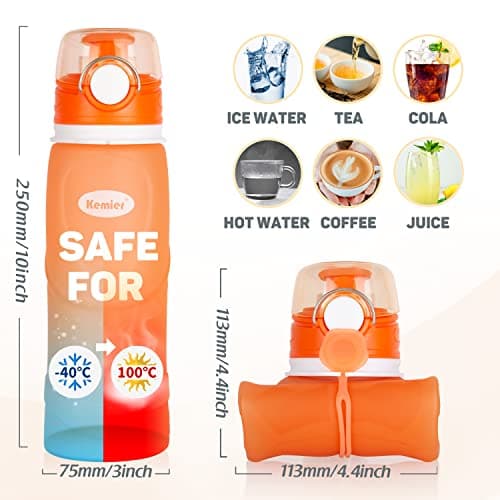 Kemier Collapsible Foldable Water Bottle for Travel, Gym, Hiking - Silicone Leakproof Sports Outdoor Bottle with Carabiner, 750ML/26OZ (Orange) — view 4