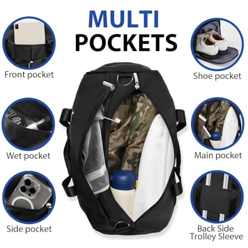 DAYGOS Gym Sports Duffle Bag for Men - Waterproof Travel Duffel Holdall Bag with Wet Pocket and Shoes Compartment, 40L Carry on Overnight Weekend for Women, Black — view 3