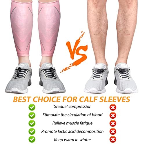 Calf Compression Sleeves for Women & Men 2 Pack Elastic Calf Support Footless Socks Ventilation Calf Brace for Pain Relief, Sports Recovery, Cycling, Travelling, Gym Calf Guards (Pink, L) — view 3