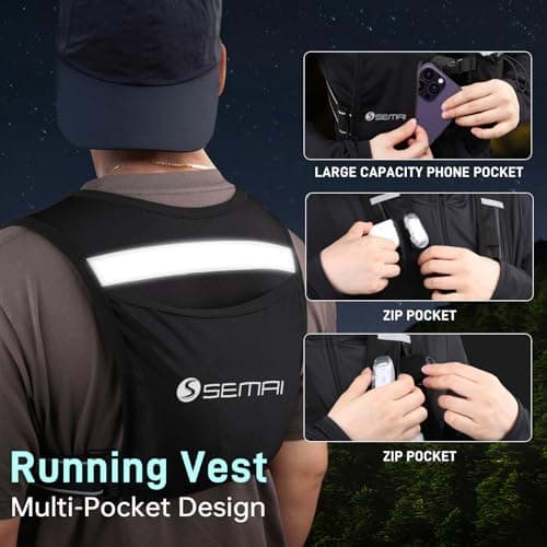 semai LED Running Vest Women & Mens Reflective Vest, Adjustable Chest Straps Running Hydration Vest with 500ml Water Bottle, 6 Pockets With Phone Holder & Storage for Marathon, Night Running, Cycling — view 6