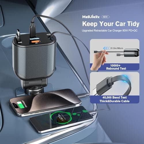 MAGJIEYX Retractable Car Charger, 80W Cigarette Lighter USB Adapter Fast Charging with Dual Type-C Cables & USB-C/USB-A Port for iPhone 16 15 14 13 12Pro Max Plus iPad AirPods Galaxy Car Accessories — view 3