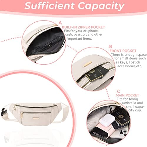 Alviller Fanny Pack Fashionable Waist Bag Casual Travel Bum Bag with 3 Zipper Pockets for Women Men Sports Running Hiking Jogging (Beige) — view 5