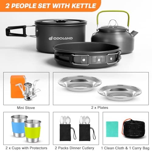 Odoland Camping Cookware Set with Foldable Stove, Non Stick Pot Pan Kettle Set with Stainless Steel Cups Plates Forks Knives Spoons for Outdoor Cooking and Picnic - Camping Cutlery Set Suit 2 People — view 2