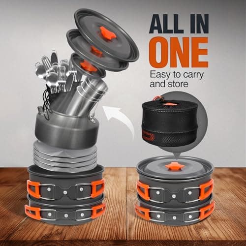 REDCAMP 23 PCS Camping Cookware Set for Family, Compact & Folding Backpacking Cookset for 4-5 Persons, Anodized Aluminum Lightweight Camping Pots and Pans Set — view 5