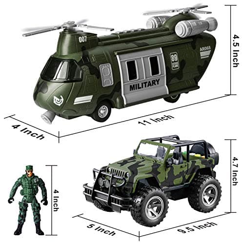 JOYIN Military Vehicles Toy Set of Friction Powered Transport Helicopter and Military Truck with Light and Sound Siren and Army Men Soldier Action Figures for Kids — view 6