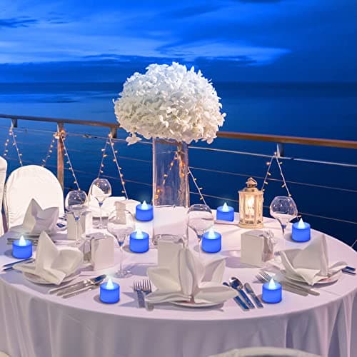 72 Pack Flameless Tea Lights Candles Blue LED Candles Wedding Flameless Flickering LED Candles Battery Operated Blue Tea Light Candle for Romantic Night Honeymoon Table Decor — view 5