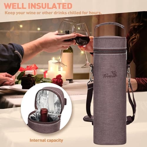 Kato Tirrinia Single Wine Cooler Bags - Insulated & Padded Portable Wine Tote Carrier for Travel, Picnic, Beach Great Gift for Wine Lover, Brown — view 4