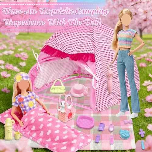 28Pcs Doll Clothes Travel Camping Tent Set, 11.5 Inch Dolls Accessories with Doll Tent Sleep Bag Clothes Picnic Mat Pet Supplies Travel Goods Pet Dog Eye Mask Shoes for Kids — view 6