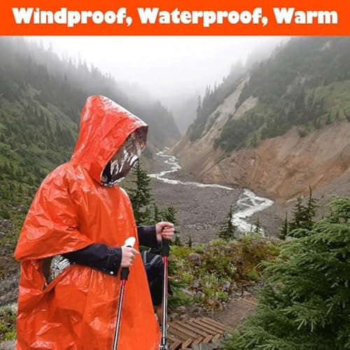 Emergency Survival Poncho (4pc) Thermal Mylar Foil Coating Blanket for Heat Retention and Rain | Reversible with Hood | Waterproof, Windproof, Portable (UK, Numeric, 40, Regular, Regular, orange) — view 2