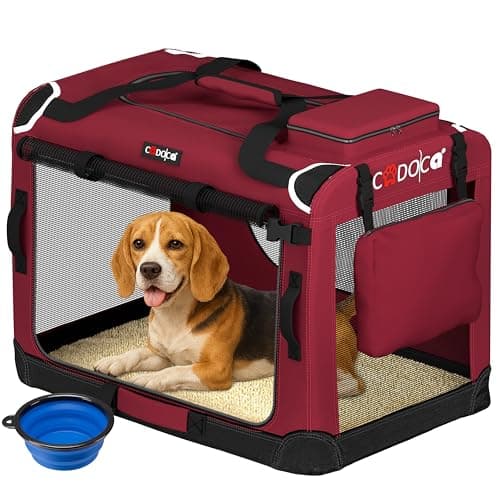 CADOCA Dog Crate Carrier, Car Foldable Travel Cage + Bowl, L Dark Red