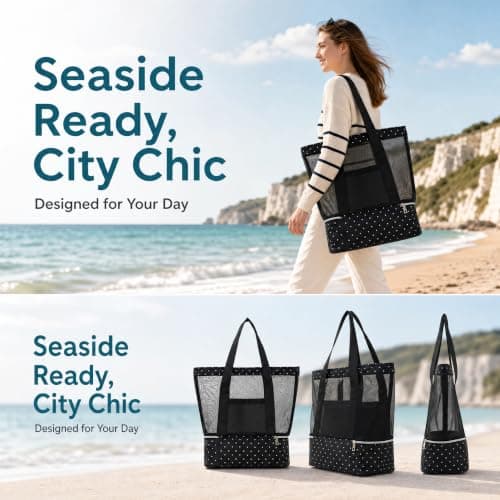 DINSAGE Large Mesh Beach Bag with Zip and Cooler for Women and Men, Sandproof Waterproof Foldable Tote, Extra Large Capacity Beach Bags for Women, Ideal for Beach, Pool, Travel, Picnic and Daily Use — view 6
