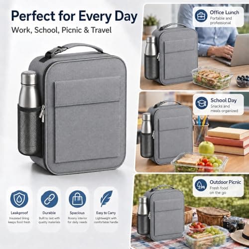 Lunch Bag for Men Women, Reusable Large Capacity Insulated Lunch Bag with Handle, Front Pocket and Side Mesh Holder, Portable Cool Bag for Work School Travel Picnic, Grey — view 6