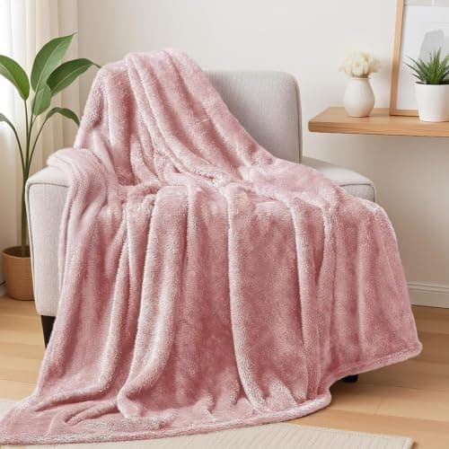 Exclusivo Mezcla Large Plush Fleece Blanket for Sofa Couch, Dusty Pink