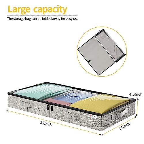 Underbed Storage Bags, Under Bed Storage Box with Reinforced Handle and Lid, Sturdy Sidewalls/Bottom for Clothes, Duvets, Comforters, Blanket, Bedding Thick Fabric with Clear Window, 2Pack — view 2