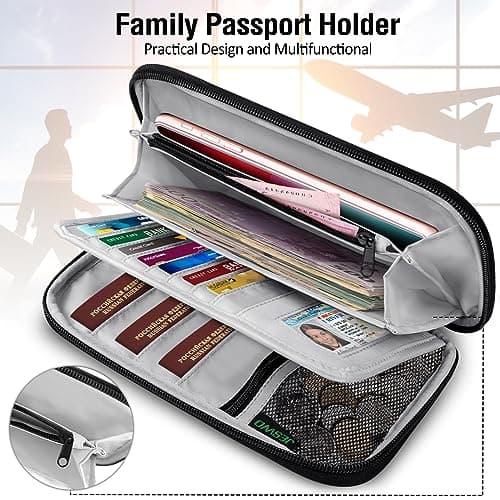 LUROON Passport Holder Travel Wallet, Family Passport Wallet RFID Blocking Waterproof Travel Document Organiser for ID Card Flight Tickets Money Coins Phone Keys — view 3
