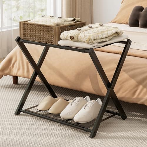 COSTWAY 1 x Luggage Rack, Metal Folding Suitcase Stand with Shoe Shelf, 2-Tier Portable Backpack Luggage Holder Storage Organizer Unit for Bedroom, Guest Room and Hotel, 68 x 45 x 57cm (Black) — view 6