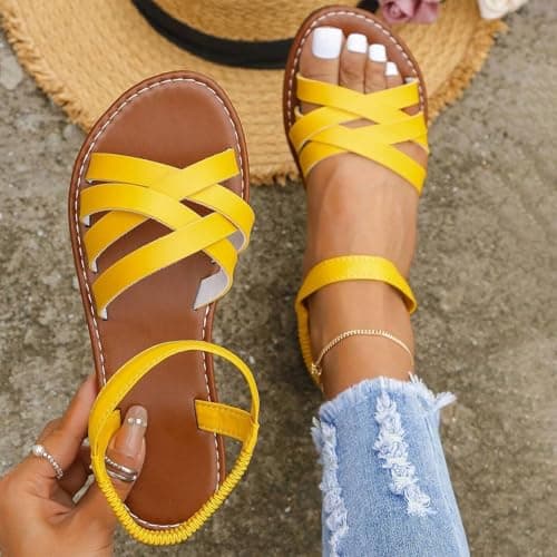 Ladies Sandals Womens Flat Sandals Cross Strappy Open Toe Sandal Elastic Strap Hiking Sandal Casual Travel Breathable Flip Flop Womens Wide Fit Slippers Ladies Summer Beach Shoes — view 6