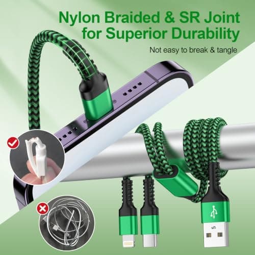 1.2 M Green Nylon 2 in 1 Multi Charger Cable with Type C & Lightning Port — view 3