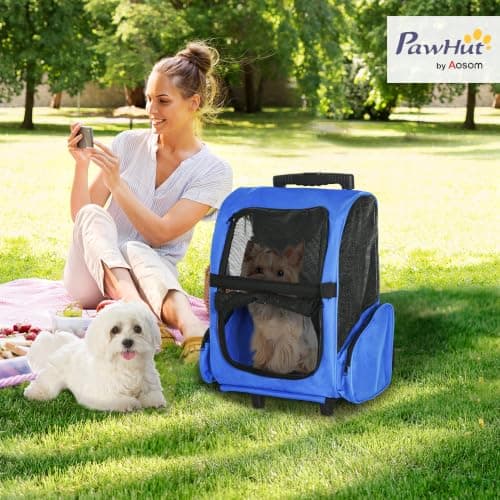 PawHut Pet Travel Backpack Bag Cat Puppy Dog Carrier w/ Trolley and Telescopic Handle Portable Stroller Wheel Luggage Bag (Blue) — view 2