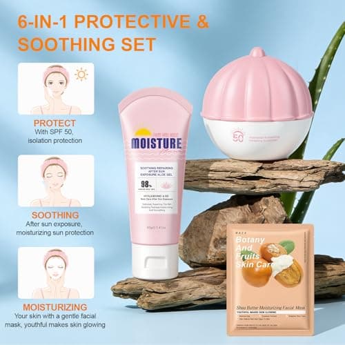 Skin Care Set for Women, Hydration Face Care Kit, Moisturizer Facial Skincare Gift Set for All Skin Types, Travel Essentials with SPF 50 Waterproof Sunscreen Lotion *1, Aloe Vera Gel *1, Face Masks *4 — view 2