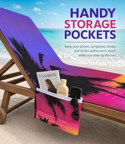 Highdi Sun Lounger Towels with Pockets, Purple Portable Beach Sunbed Towels Microfiber Quick Dry Travel Beach Chair Cove for Sun Lounger, Pool Chair (75x210cm) — view 6