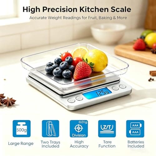 Criacr Digital Pocket Scales, 500g High-precision Kitchen Food Scales, Stainless Steel Jewelry Scales with Two Trays, Back-Lit LCD Display, 0.01g Precision, Tare and PCS Features, Batteries Included — view 2