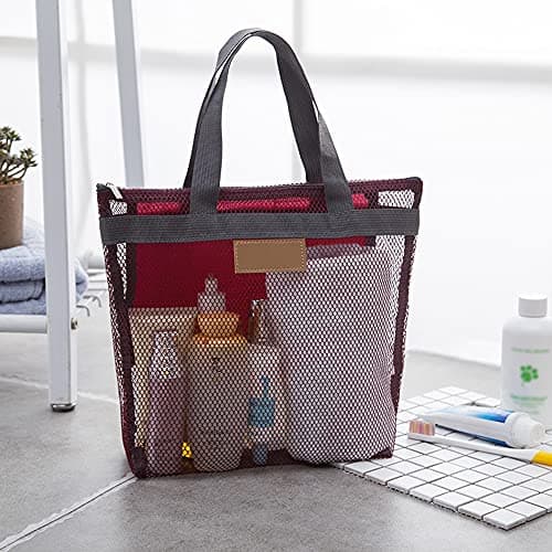 Mesh Shower Caddy Bag, Quick Dry Portable Tote Bag and Inner Pocket, Lightweight Bath Organizer for College Dorm Bathroom, Swimming, Gym, Beach, Travel (Red) — view 3