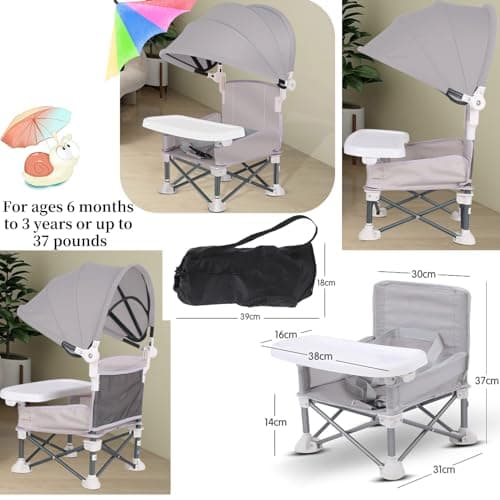 Little Bean Foldable Baby Booster Seat Dining Chair with Detachable Sunshade Travel Portable with Removable Tray for Indoor Outdoor Open Sit Folding Booster Feeding/Camping Chair for Toddler (Beige) — view 6